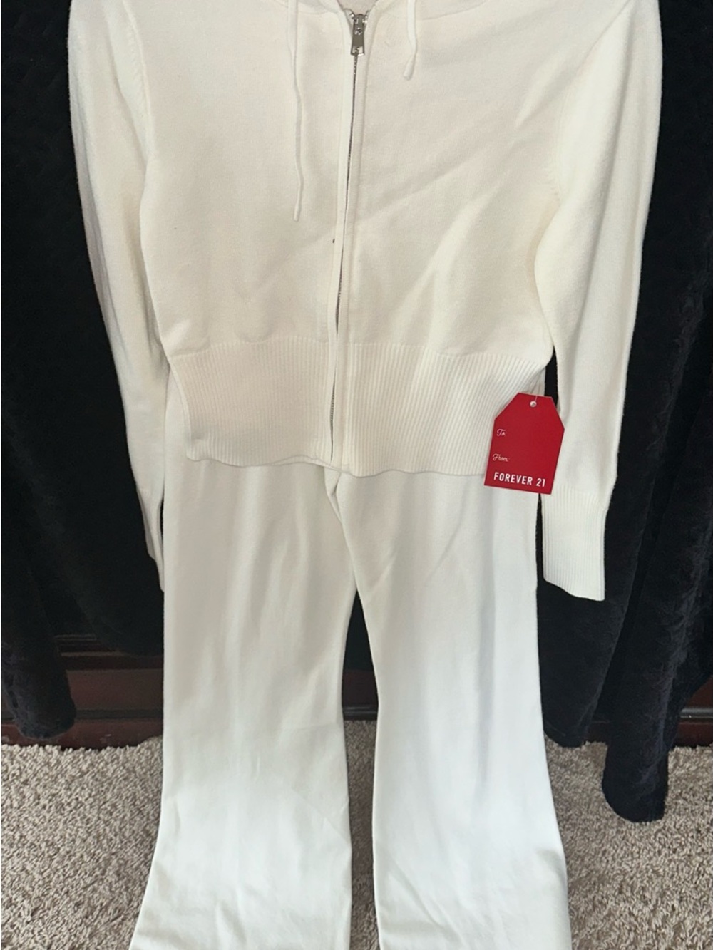 Forever 21 Cream Zip Hoodie and Flare Knit Pants Set